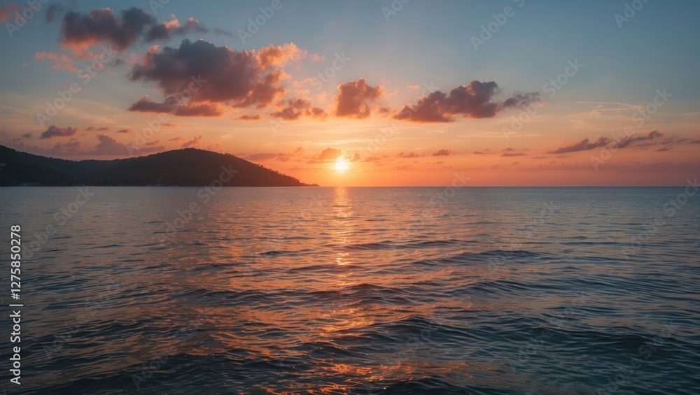 Serene Sunset Over Tranquil Sea with Island Silhouette Beautiful Summer Vacation Scene Serene Sunset Over Tranquil Sea with Island Silhouette Beautiful Summer Vacation Scene