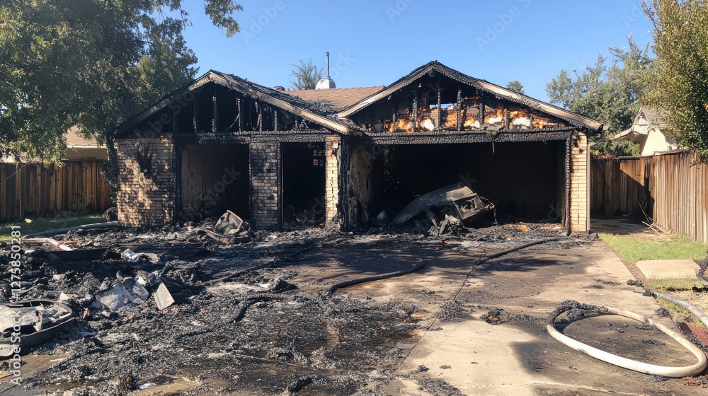 Fire-damaged suburban home with charred remains of garage and debris in driveway. Fire-damaged suburban home with charred remains of garage and debris in driveway.