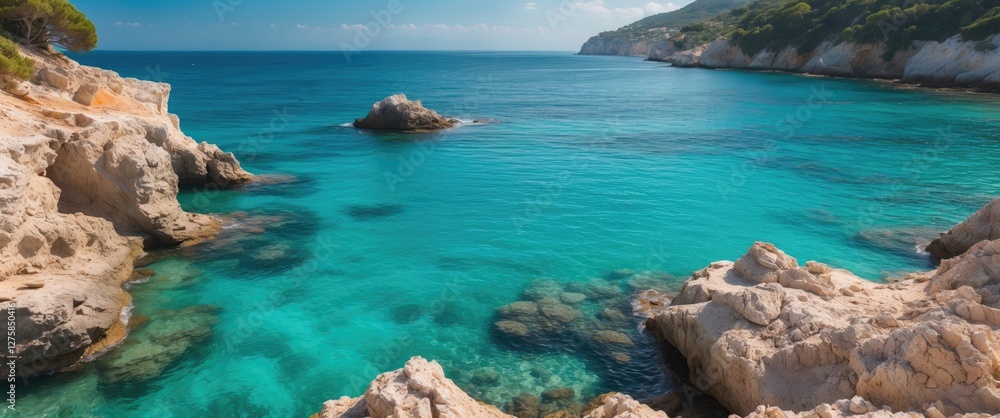 Serene Turquoise Seascape with Rocky Coastline and Crystal-Clear Waters Under a Bright Sky Serene Turquoise Seascape with Rocky Coastline and Crystal-Clear Waters Under a Bright Sky