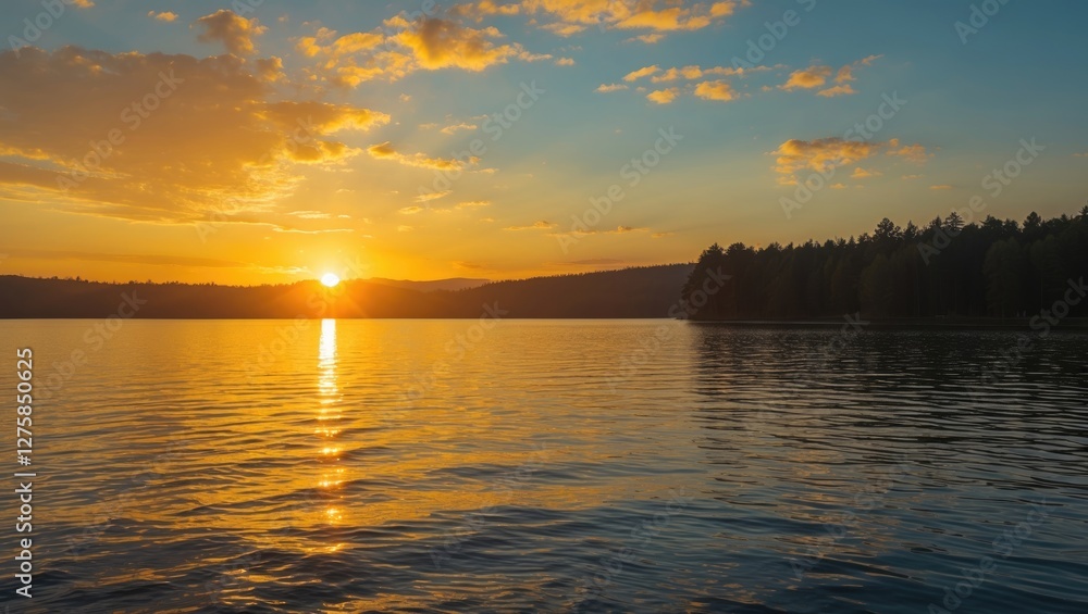 Serene Golden Sunset Reflection Over Calm Lake Surrounded By Lush Forest Landscape Serene Golden Sunset Reflection Over Calm Lake Surrounded By Lush Forest Landscape