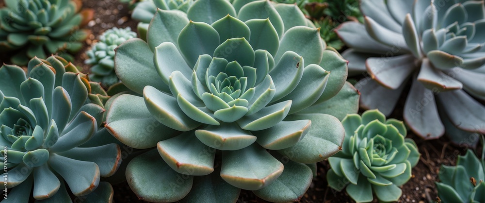 Close up of vibrant succulent plants featuring diverse textures and shapes with ample empty space for text or design elements. Close up of vibrant succulent plants featuring diverse textures and shapes with ample empty space for text or design elements.