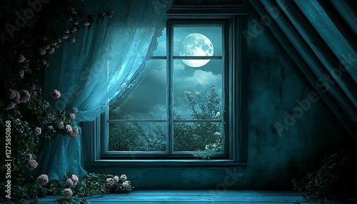 Attic window moonlit rose room