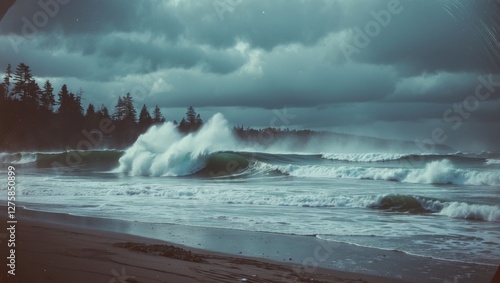 Dramatic Ocean Waves Crashing on Shoreline After Stormy Night with Dark Clouds Above and Lush Trees in the Background