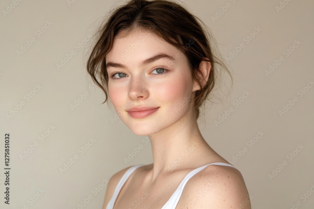 Portrait of a young woman showcasing her delicate features and natural beauty, displaying flawless skin and captivating expression. Generated AI Portrait of a young woman showcasing her delicate features and natural beauty, displaying flawless skin and captivating expression. Generated AI
