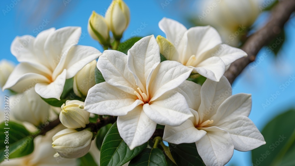 Vibrant Gardenia Flowers in Bloom Against a Clear Sky with Lush Green Leaves for a Refreshing Natural Background Vibrant Gardenia Flowers in Bloom Against a Clear Sky with Lush Green Leaves for a Refreshing Natural Background