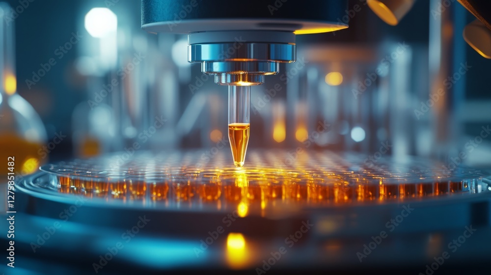 Close-up of an automated pipetting system transferring serum samples onto a diagnostic plate, clinical lab testing. Close-up of an automated pipetting system transferring serum samples onto a diagnostic plate, clinical lab testing.