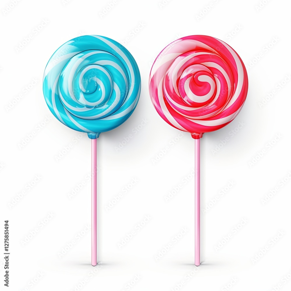 Illustration showcasing a vibrant set of colorful lollipops on a bright white background. The lollipops feature various colors and spiral designs, perfect for candy lovers.