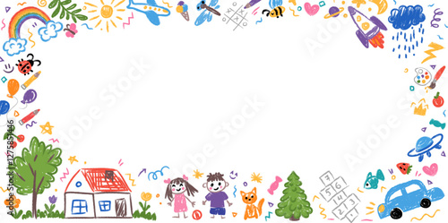 Colorful kindergarten crayon background with doodles drawn by colorful crayons. Childlike border frame with pencils and childish drawings on paper. Vector illustration for certificate, diploma, poster