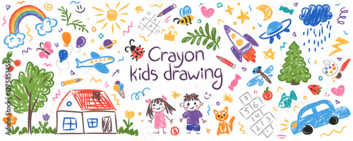 Cute crayon kid illustration. Hand drawn doodle children drawings. Cute kids background for your design, diploma, certificate. Vector cartoon elements on paper bg