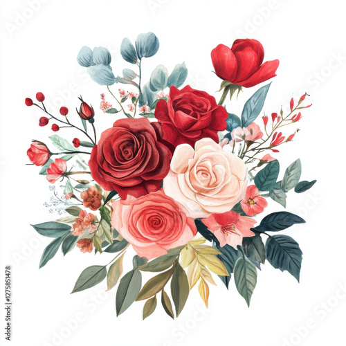 Beautiful floral arrangement featuring red and pink roses, greenery, and delicate accents, evoking sense of romance and elegance