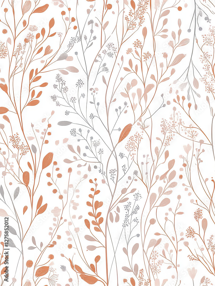 Elegant botanical pattern featuring delicate plants and flowers in muted tones on a light background Elegant botanical pattern featuring delicate plants and flowers in muted tones on a light background