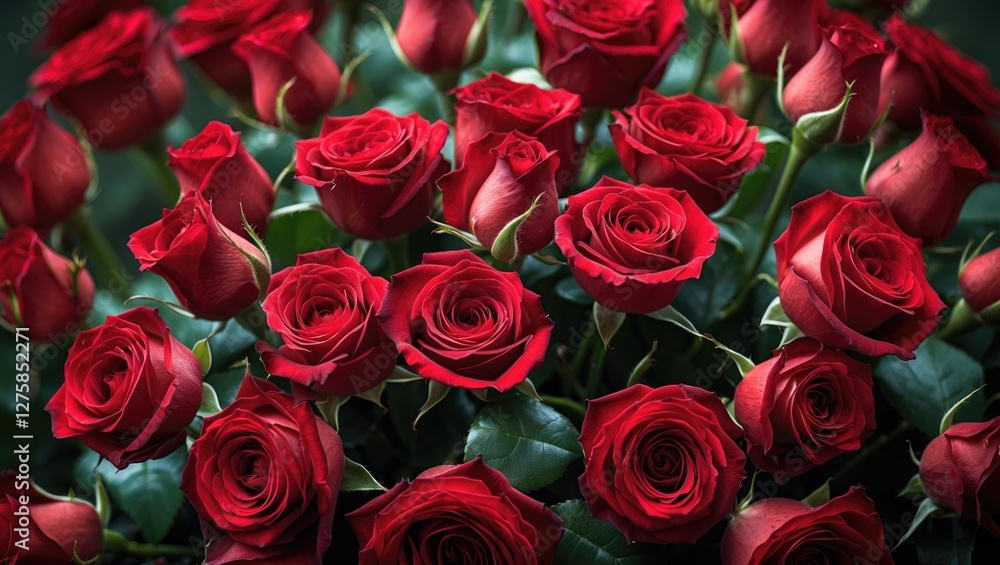 Obraz premium Close-Up View of Vibrant Red Roses with Lush Green Leaves in a Beautiful Floral Arrangement