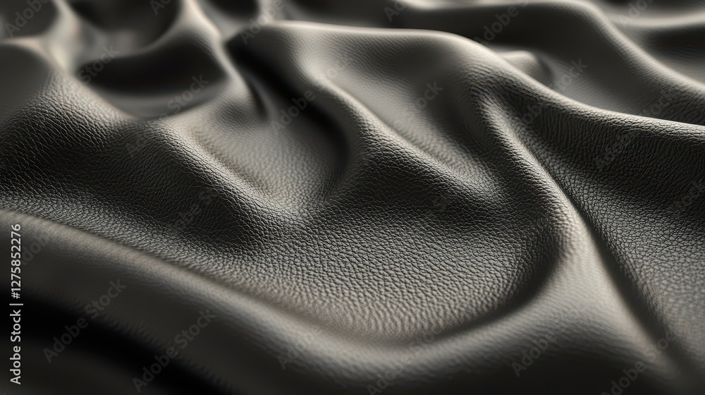 Naklejka premium Close-up of textured black leather fabric, showcasing its soft, wrinkled surface and depth, perfect for fashion and interior design themes.