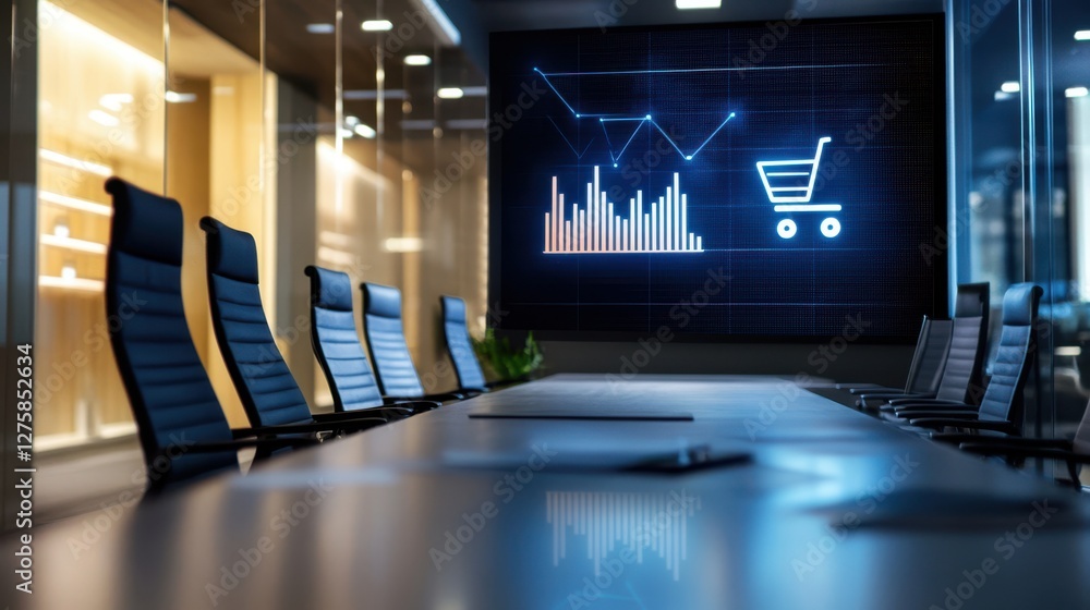 Naklejka premium A modern business boardroom displaying a sales data trends presentation, with a sleek digital chart on a screen, a shopping cart icon glowing in the background, professional and innovative