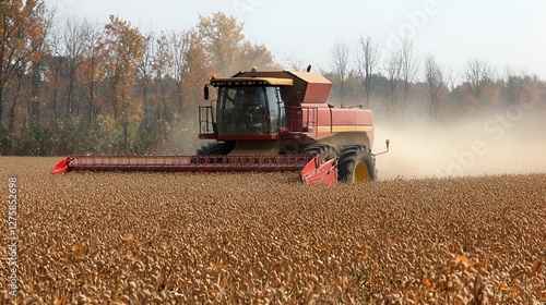 Harvesting soybeans with a combine harvester in a field