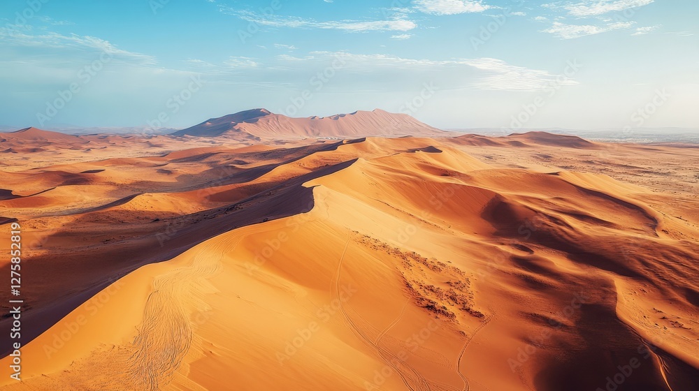 Naklejka premium Dramatic aerial view of the desert landscape, winding dunes and endless horizons, perfect for travel and adventure themes.