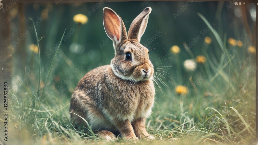 Fototapeta premium Cute Bunny Rabbit Sitting in Lush Green Grass Surrounded by Wildflowers with Space for Text Addition