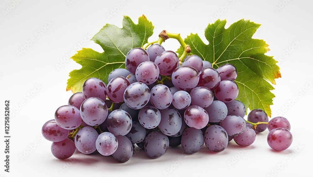 Fototapeta premium Bunch of Fresh Purple Grapes with Green Leaves Isolated on White Background Healthy Snack Concept Copy Space