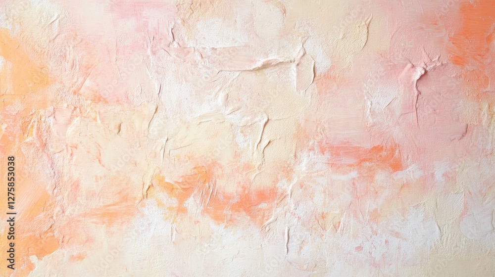 Fototapeta premium Close-up of a textured abstract painting featuring soft shades of peach, cream, and light orange, evoking tranquility and warmth.