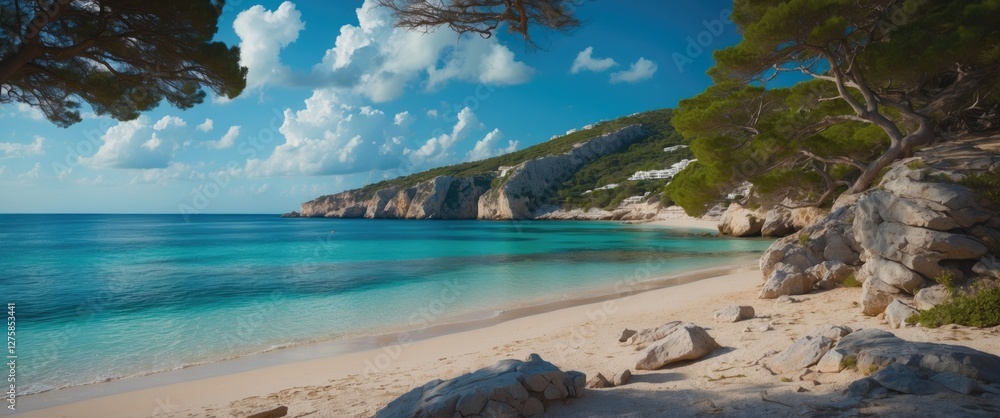 Fototapeta premium Cala Santanyi Serene Beachscape with Crystal Clear Waters and Dramatic Cliffs in a Tranquil Low Season Setting