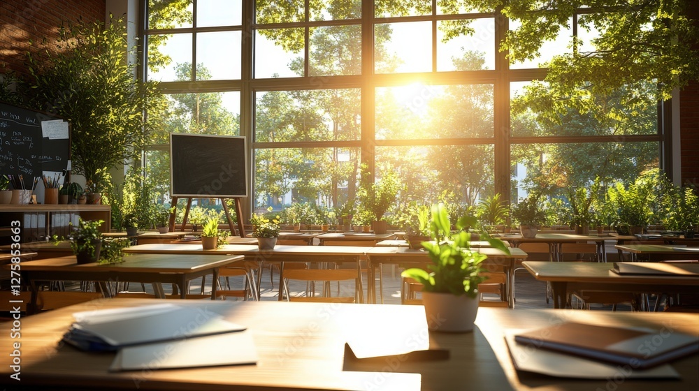 Bright classroom with large windows, wooden desks, and green plants illuminated by warm sunligh Bright classroom with large windows, wooden desks, and green plants illuminated by warm sunligh