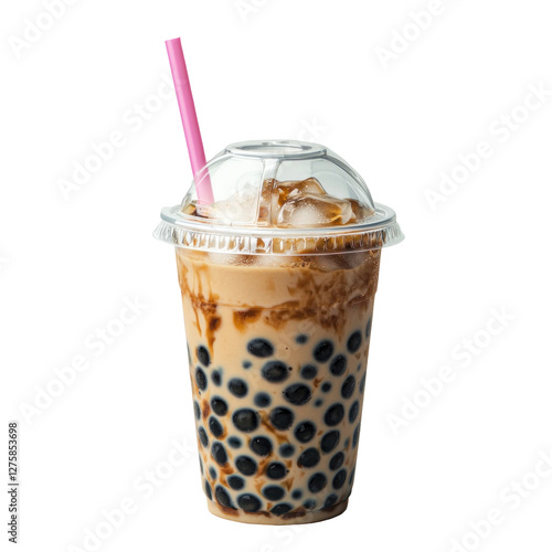 Refreshing bubble tea with ice and a pink straw isolated on png transparent background, cut out