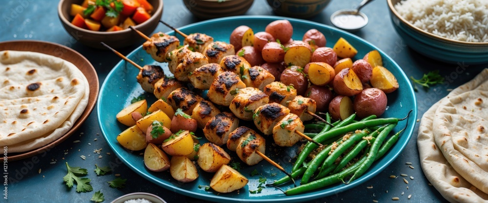 Delicious Chicken Kebab Skewers with Roasted Potatoes, Fresh Green Beans, Rice, and Flatbread on a Rustic Table Setting Delicious Chicken Kebab Skewers with Roasted Potatoes, Fresh Green Beans, Rice, and Flatbread on a Rustic Table Setting