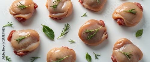 Raw Chicken Livers with Fresh Herbs on a White Background Featuring Blank Space for Culinary Text or Recipe Instructions photo