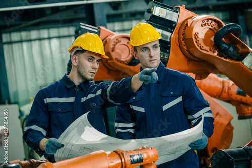 Engineers discussing project plans in a manufacturing facility with robotic equipment during the workday photo