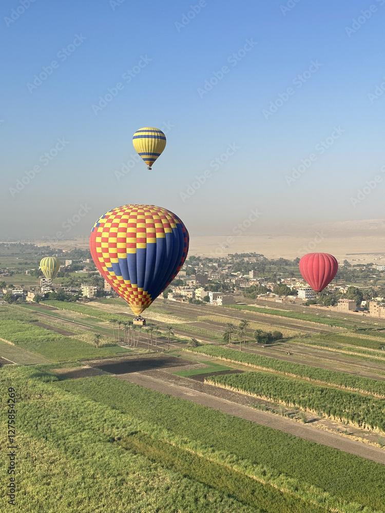 Obraz premium Aerial view of the crops on East bank with the hot air balloons in the morning, Egypt