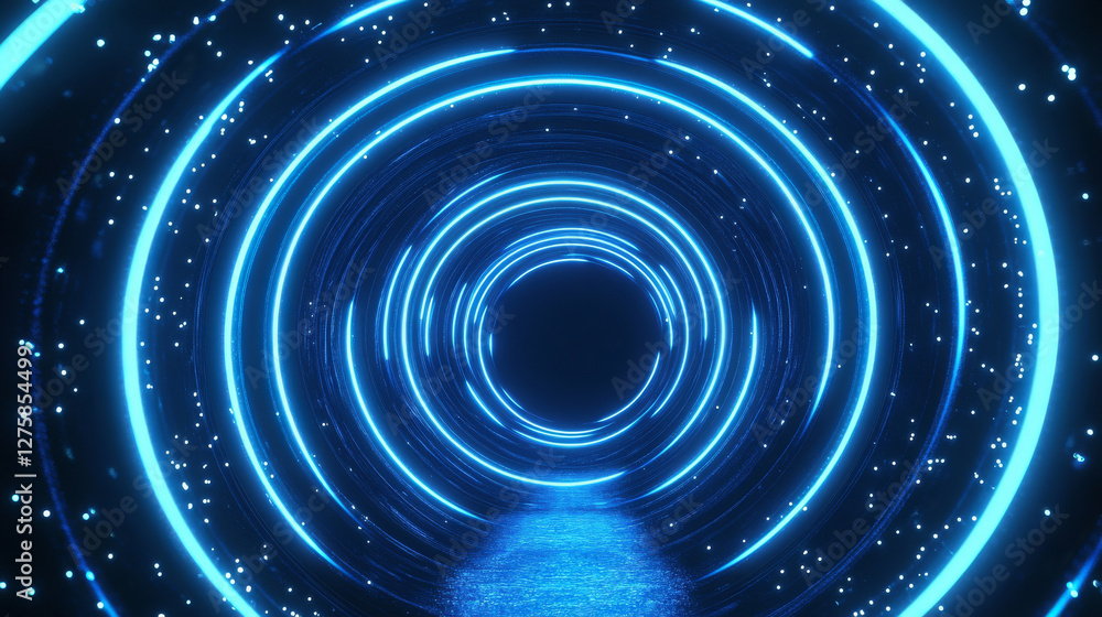 Fototapeta premium Neon light flare circles on black background. Vector realistic illustration of round blue lines glowing in darkness, lens refraction, shiny halo, futuristic teleport, sparkling space galaxy portal