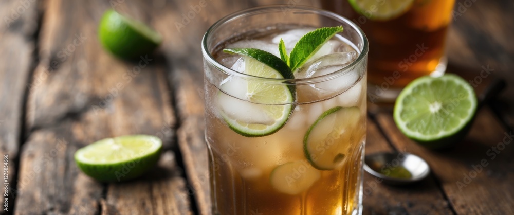 Refreshing Iced Lime Tea in a Glass Garnished with Fresh Mint and Lime Slices on a Rustic Wooden Table Decorated with Limes and Spoon Refreshing Iced Lime Tea in a Glass Garnished with Fresh Mint and Lime Slices on a Rustic Wooden Table Decorated with Limes and Spoon