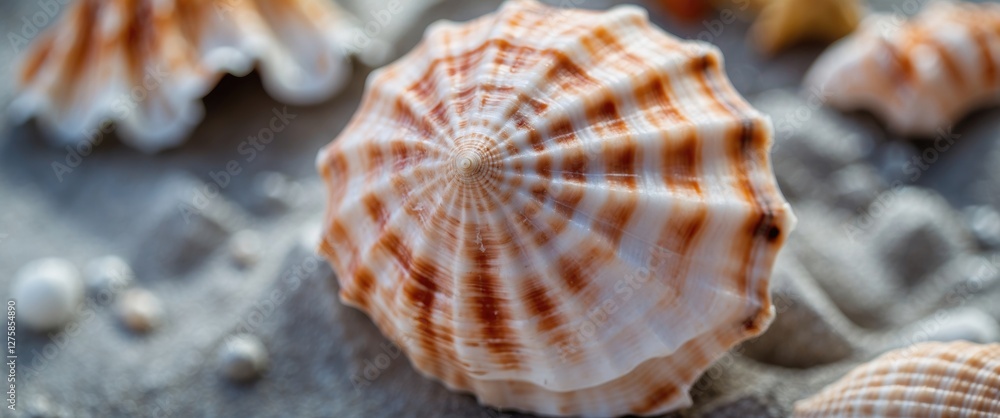 Close Up of a Beautiful Seashell on Sandy Beach with Soft Focus and Copy Space for Textual Content Close Up of a Beautiful Seashell on Sandy Beach with Soft Focus and Copy Space for Textual Content