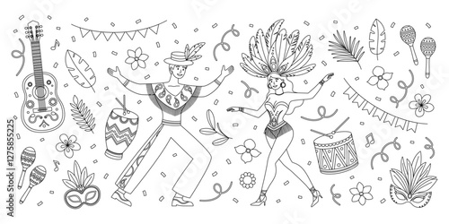 Brazil Carnival coloring page. Outline set with man and woman in costumes with feathers, guitar, maracas, drums, masks, flowers, leaves, garlands and confetti. Music festival. Coloring book for print