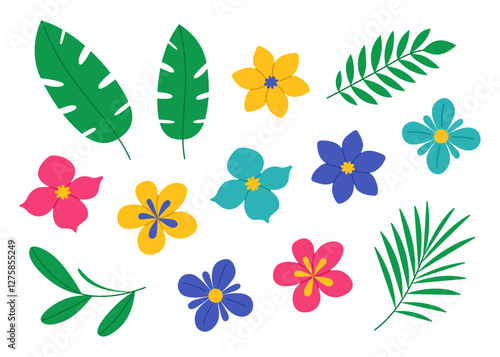 Exotic flowers and tropical leaves set. Palm and banana branch, plumeria and other. Colorful summer collection. Wild jungle greenery. Vector flat illustration isolated on white background