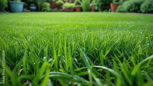 Lush green grass closeup showcasing a vibrant lawn in a garden setting emphasizing ecological beauty and well-maintained outdoor spaces.