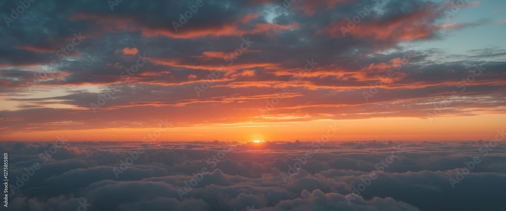 Naklejka premium Vibrant Orange Sunset Over Layered Clouds Creating a Stunning Dramatic Sky Horizon at Dusk