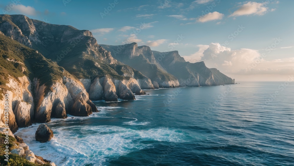 Obraz premium Scenic Coastal Landscape with Dramatic Cliffs and Serene Ocean View Featuring Expansive Copy Space for Text or Graphics