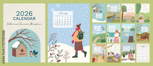 Illustrated Calendar 2026 with hand drawn scenes inspired by nature and seasons. Week start fron Sunday. Set of 12 months, cover and one sheet of the 2026 year. Template for A4 A3 A5 size
