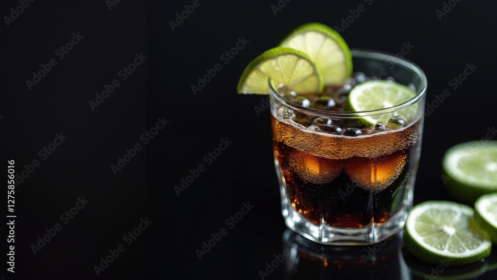 Refreshing cocktail with cola and lime slices served in a glass on a black background perfect for beverage promotions and advertisements. Refreshing cocktail with cola and lime slices served in a glass on a black background perfect for beverage promotions and advertisements.