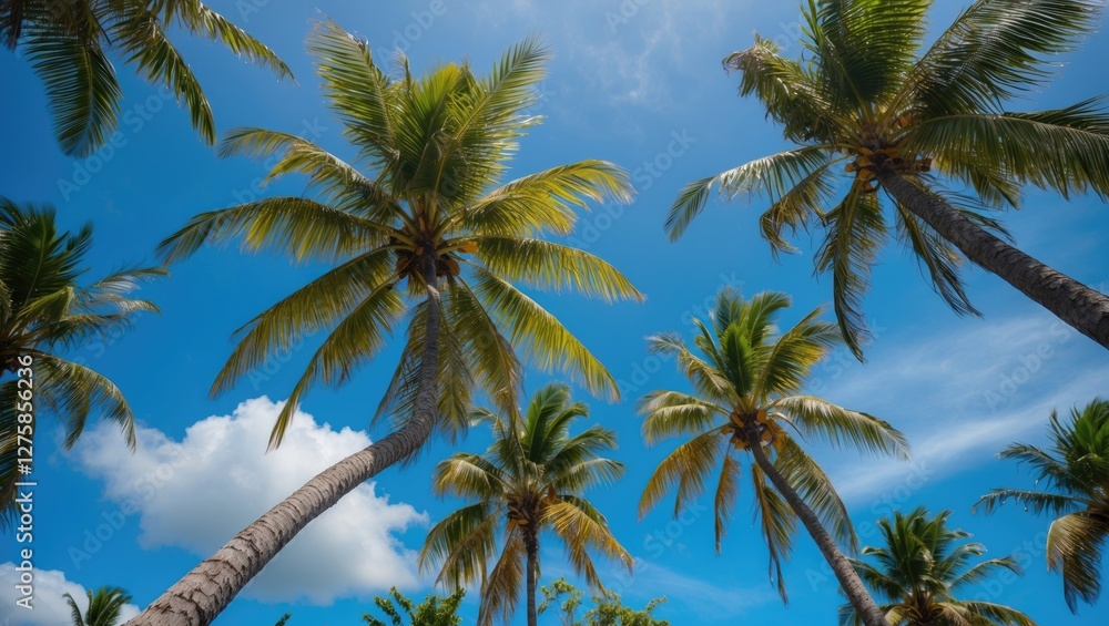Obraz premium Coconut Palm Trees Against a Vibrant Blue Sky with Fluffy Clouds in a Tropical Paradise Setting