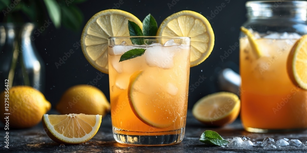 Refreshing Cold Orange Lemonade in Glass with Lemon Slices and Ice on Dark Background Perfect for Summer Drink Promotions Refreshing Cold Orange Lemonade in Glass with Lemon Slices and Ice on Dark Background Perfect for Summer Drink Promotions