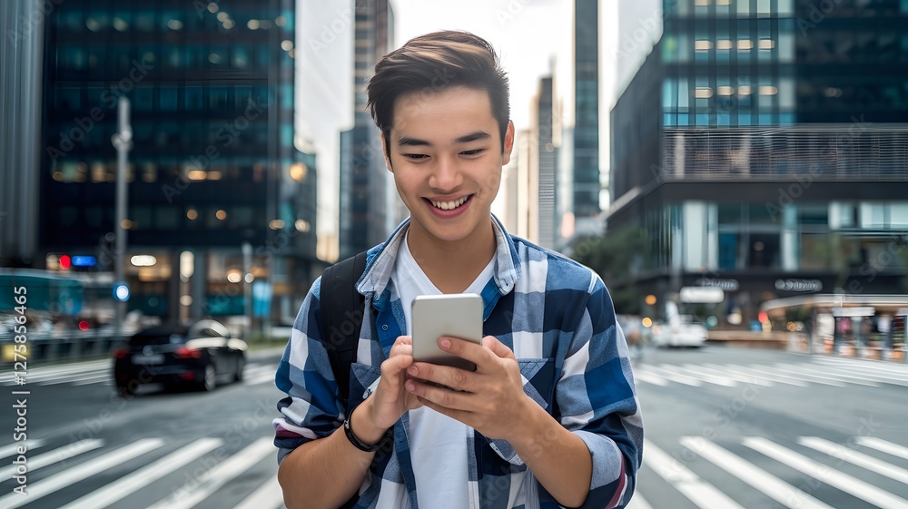 © Arshadul - Young Asian Man Using Smartphone in Modern City Urban Setting Happy Smiling Casual Style Technology Mobile Phone Street Scene Cityscape Background Daytime Outdoor Positive Communication Connection