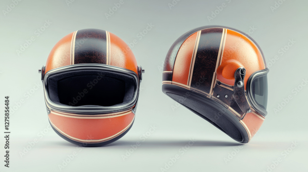 Red retro motorcycle and scooter helmet for head safety. Realistic 3d vector illustration set of side and front view on biker protection helm. Simple classic open face motorcyclist headwear mockup. Red retro motorcycle and scooter helmet for head safety. Realistic 3d vector illustration set of side and front view on biker protection helm. Simple classic open face motorcyclist headwear mockup.