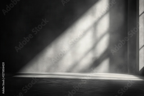 Dark room with light streaming in, concrete floor and wall. Ideal for product displays, showcasing minimalist designs, or moody atmospheres.