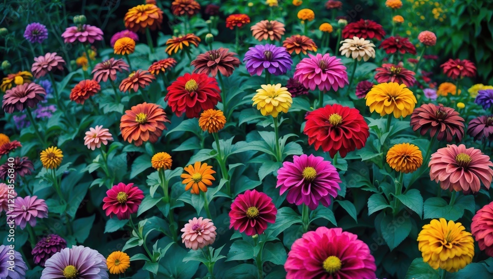 Vibrant Zinnia Flowers Blooming In A Lush Garden Setting With Space For Text Overlay Vibrant Zinnia Flowers Blooming In A Lush Garden Setting With Space For Text Overlay