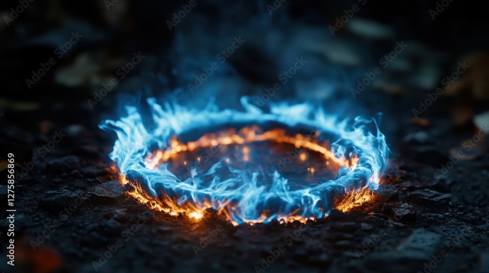 A mesmerizing blue and orange fiery circle emerges from the ground, surrounded by wisps of smoke, creating an enchanting and mystical atmosphere. A mesmerizing blue and orange fiery circle emerges from the ground, surrounded by wisps of smoke, creating an enchanting and mystical atmosphere.