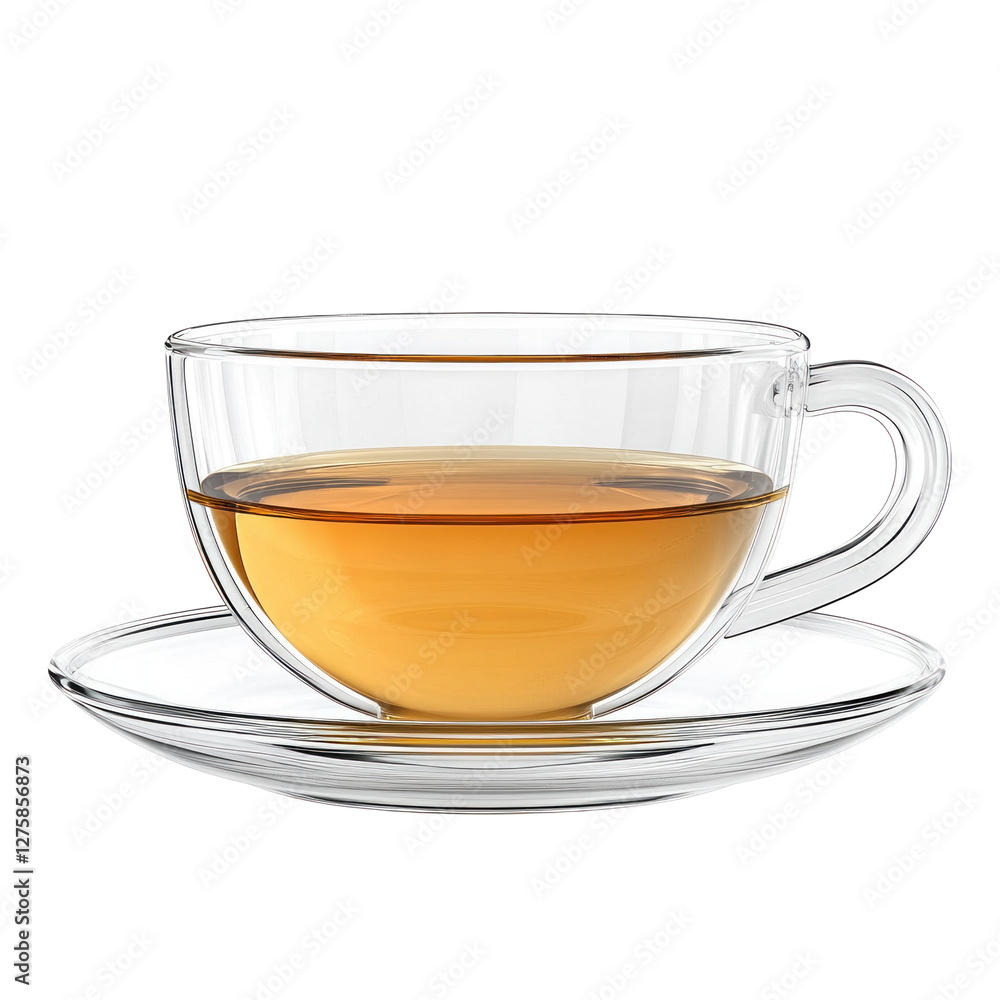 Clear glass cup with tea on a saucer, minimalistic isolated on png transparent background, cut out Clear glass cup with tea on a saucer, minimalistic isolated on png transparent background, cut out