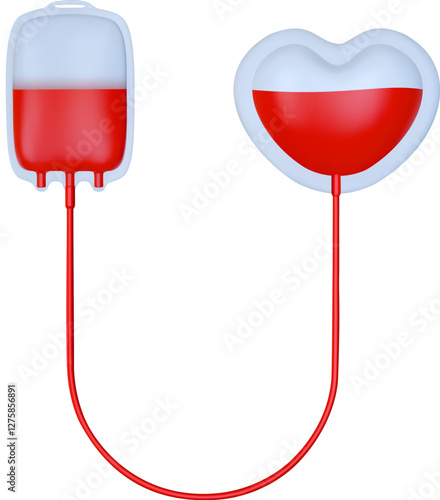 3d render blood bag with red plasma packet in heart shape form in glossy bright style. Minimalist concept design for donation event. Vector illustration.