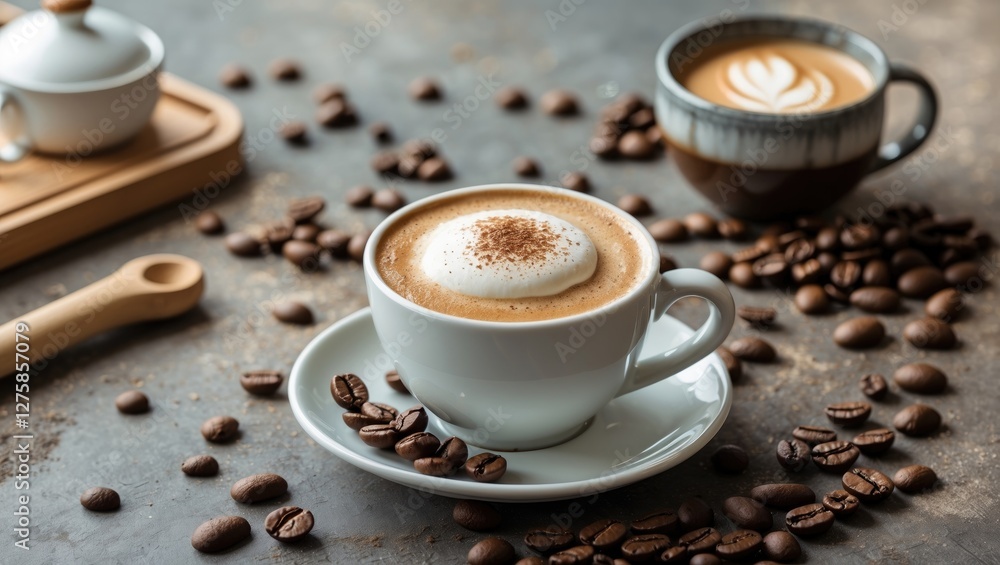 Delicious coffee cups with cream and coffee beans arranged on a rustic table with space for text or branding overlay. Delicious coffee cups with cream and coffee beans arranged on a rustic table with space for text or branding overlay.